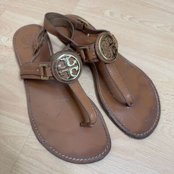 TORY BURCH Ali Thong Sandals Women's 9.5 Brown Leather Slingback Strap - Picture 1 of 9